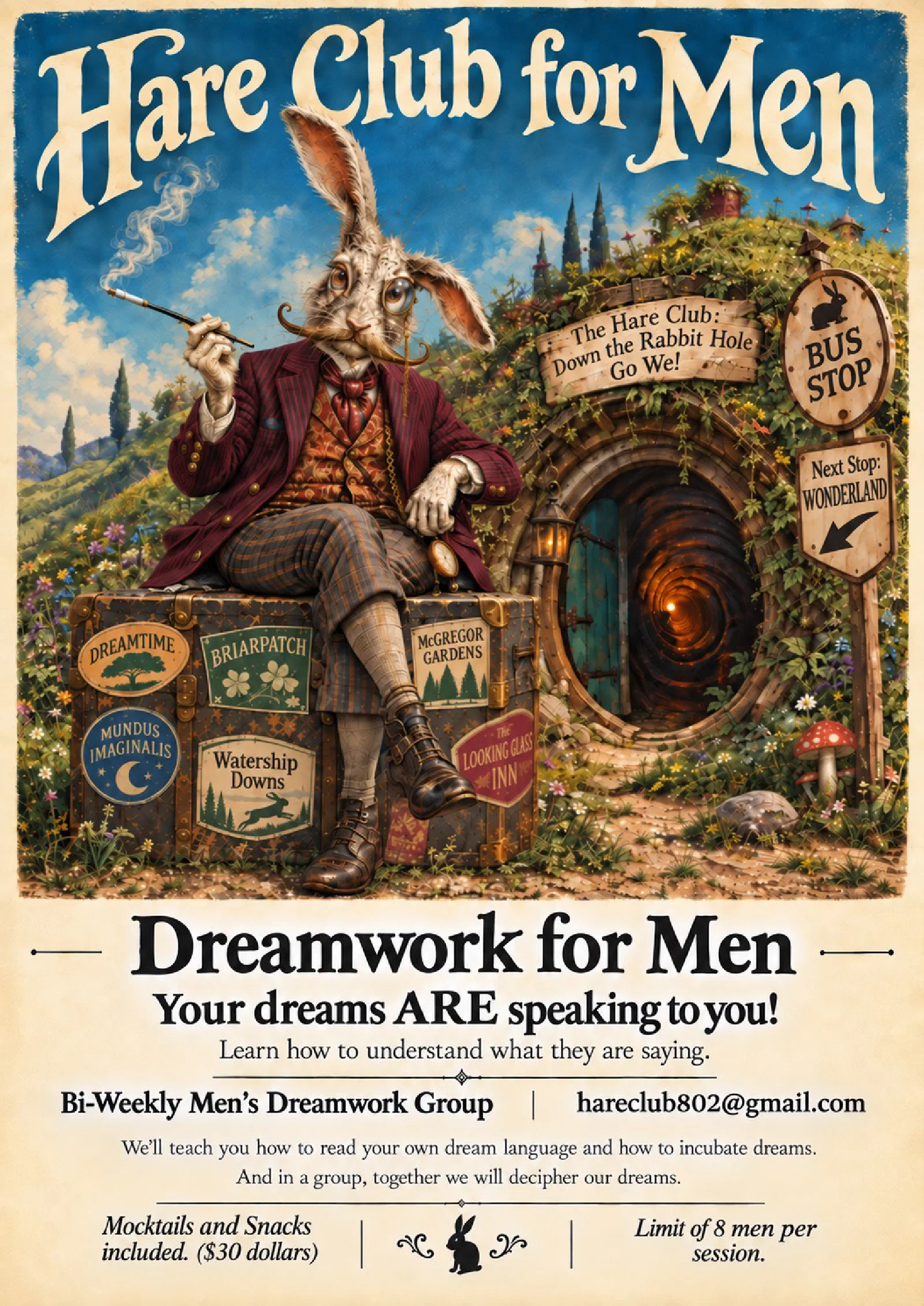 Hare Club for Men poster. A dapper hare with a monocle and cigarette holder sits on a trunk covered in travel labels beside a round door opening onto a glowing rabbit hole. Signs read Bus Stop and Next Stop: Wonderland. Below: Dreamwork for Men. Your dreams are speaking to you! Bi-weekly men’s dreamwork group. Mocktails and snacks included, $30. Limit of 8 men per session.