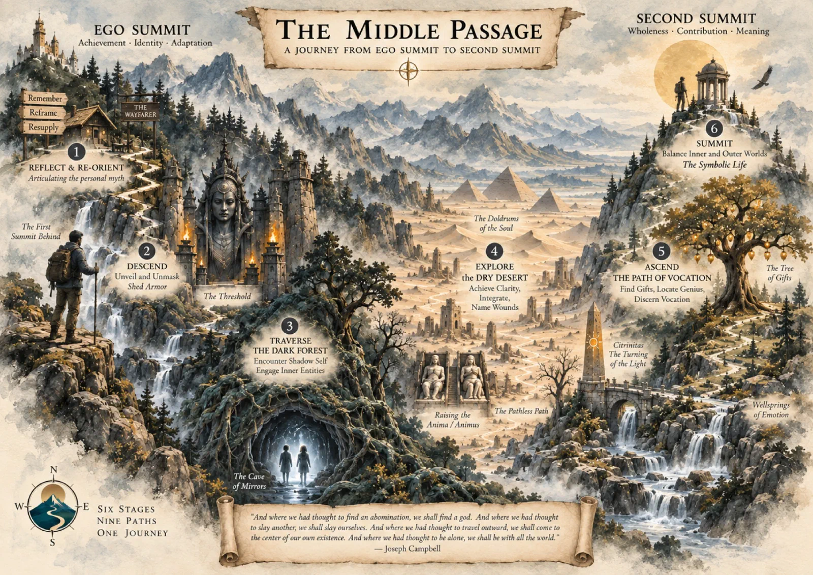 An illustrated map titled The Middle Passage. A path descends from the Ego Summit through the Threshold and the Dark Forest, crosses the Dry Desert, and climbs the Path of Vocation past the Tree of Gifts to the Second Summit. Six numbered stages: Reflect and re-orient, Descend, Traverse the Dark Forest, Explore the Dry Desert, Ascend the Path of Vocation, Summit.